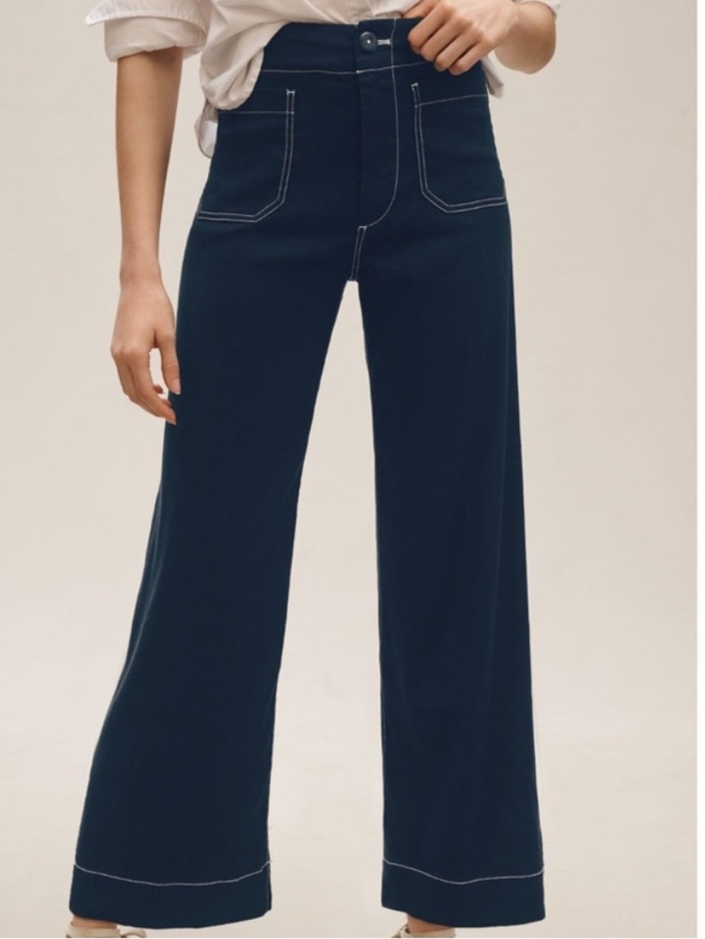 The Colette Contrast-Stitch Linen Crop Wide-Leg Pants by Maeve